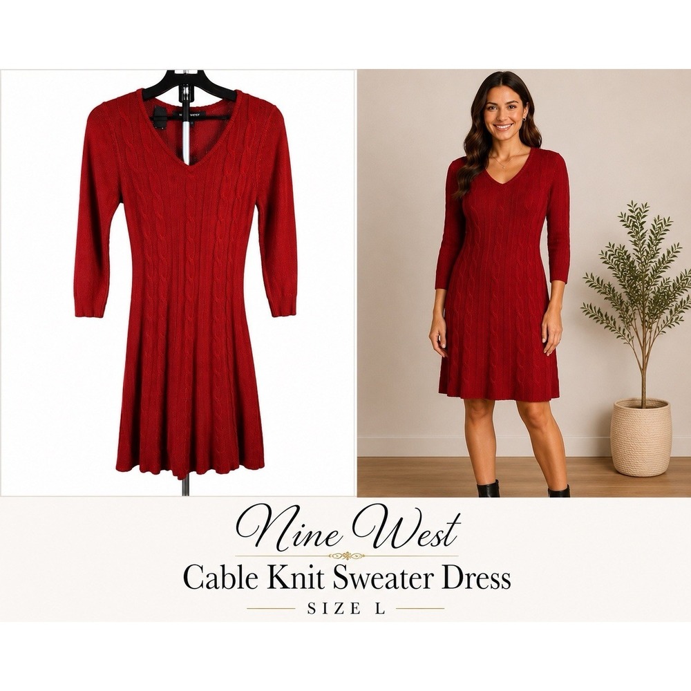 Nine West Red Cable Knit Sweater Dress Size L Date Night V Neck Knee Length